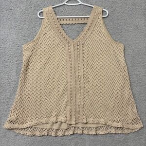 Boho Crochet Tank Top Flowy Neutral Layering Sleeveless 1X Tan Chevron V-Neck